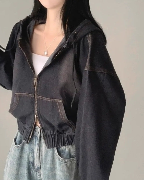 Black Short Oversized Denim Hooded Jacket