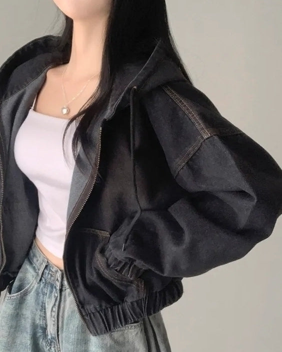Black Short Oversized Denim Hooded Jacket