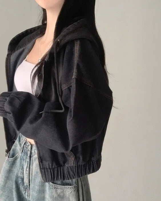 Black Short Oversized Denim Hooded Jacket
