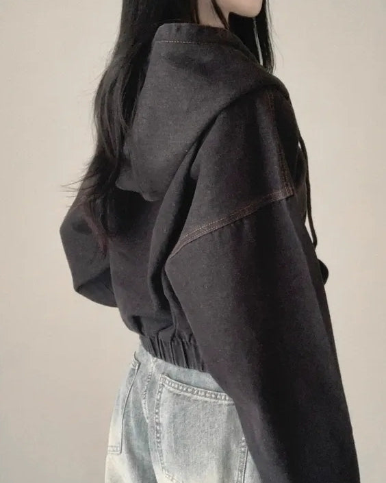 Black Short Oversized Denim Hooded Jacket