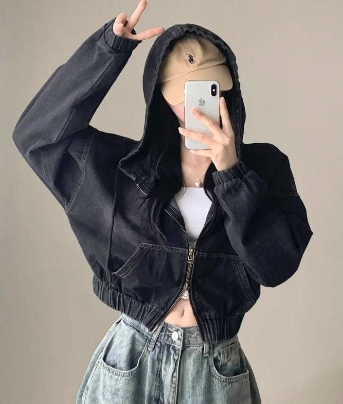 Black Short Oversized Denim Hooded Jacket