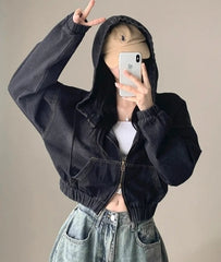 Black Short Oversized Denim Hooded Jacket