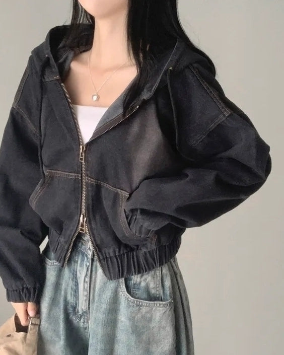 Black Short Oversized Denim Hooded Jacket