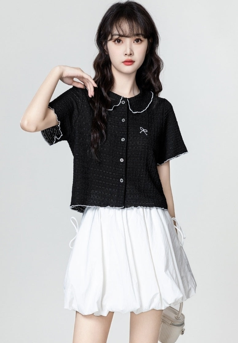 Black Short Sleeve Embroidered Bow Blouse
