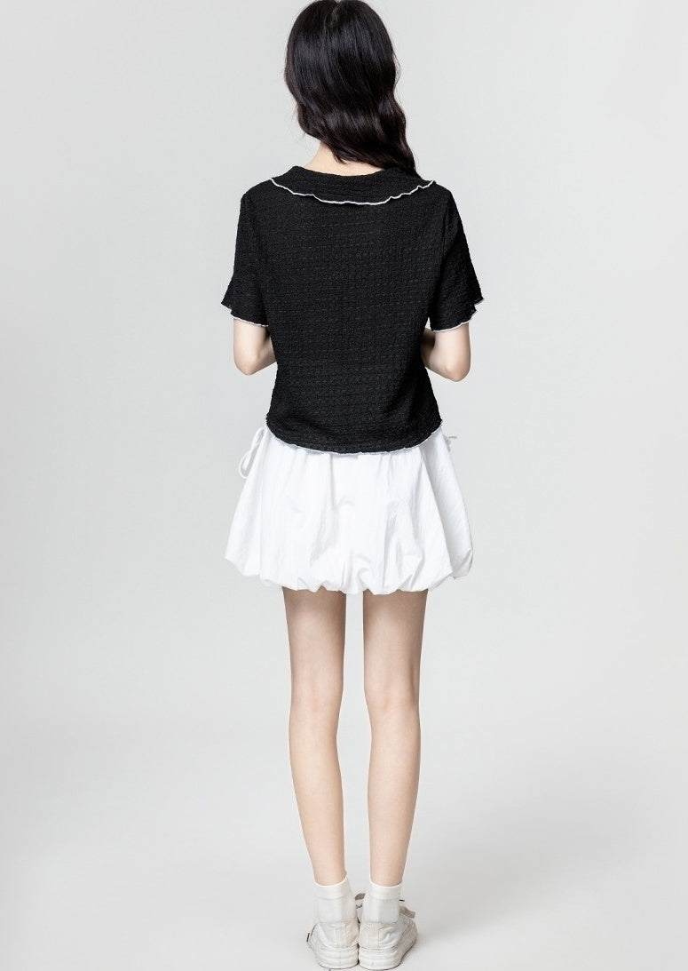 Black Short Sleeve Embroidered Bow Blouse