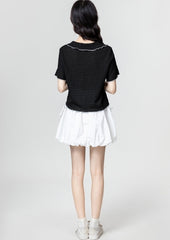 Black Short Sleeve Embroidered Bow Blouse