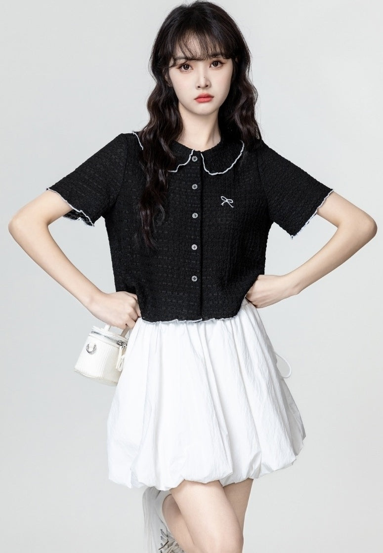 Black Short Sleeve Embroidered Bow Blouse