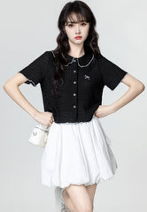 Black Short Sleeve Embroidered Bow Blouse