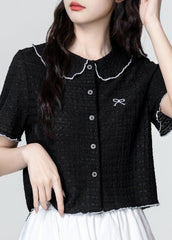 Black Short Sleeve Embroidered Bow Blouse