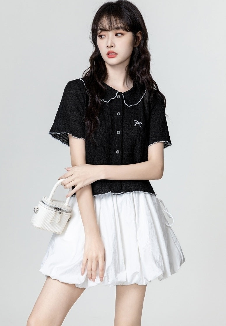 Black Short Sleeve Embroidered Bow Blouse