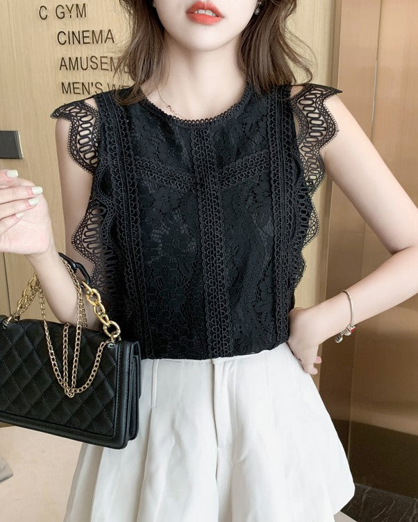 Black Sleeveless Openwork Lace Top