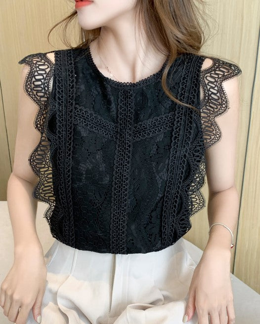 Black Sleeveless Openwork Lace Top