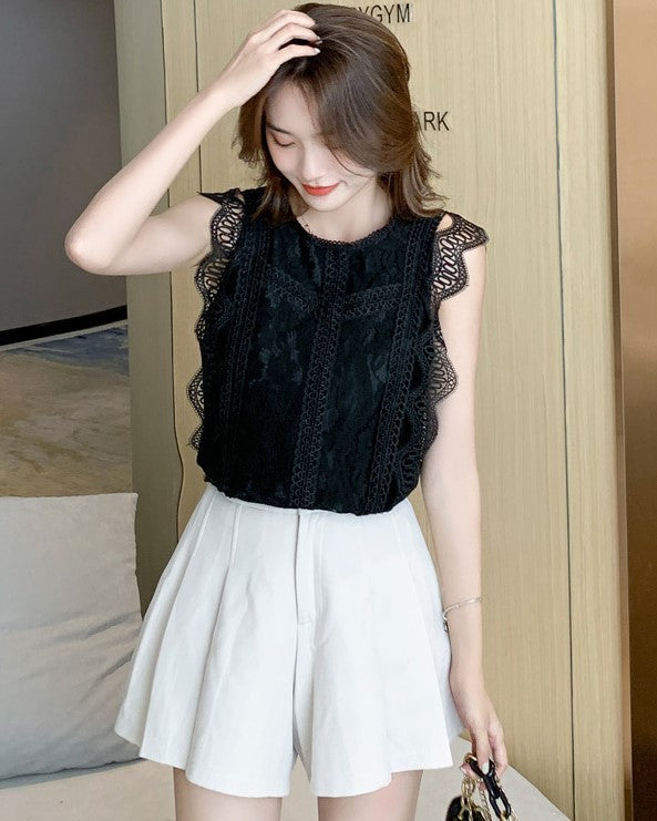 Black Sleeveless Openwork Lace Top
