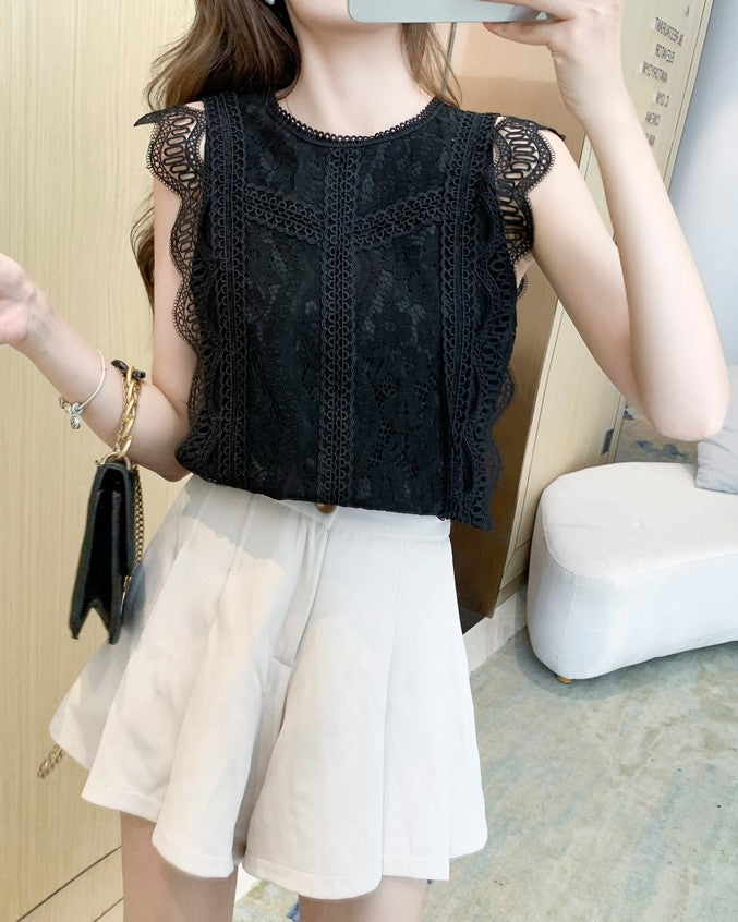Black Sleeveless Openwork Lace Top