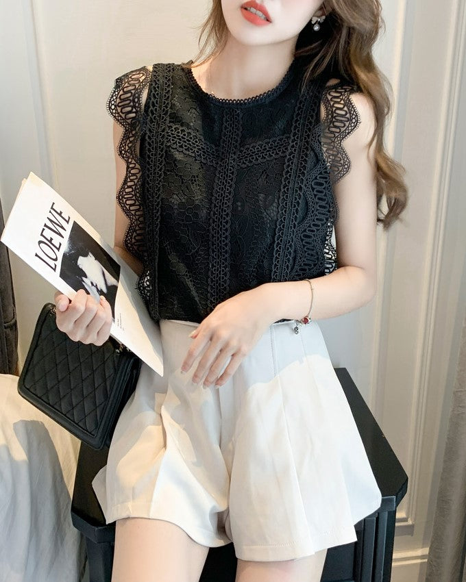 Black Sleeveless Openwork Lace Top