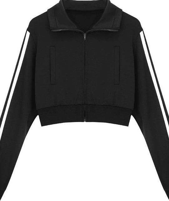 Black Sleeves Stripes Cropped Jacket