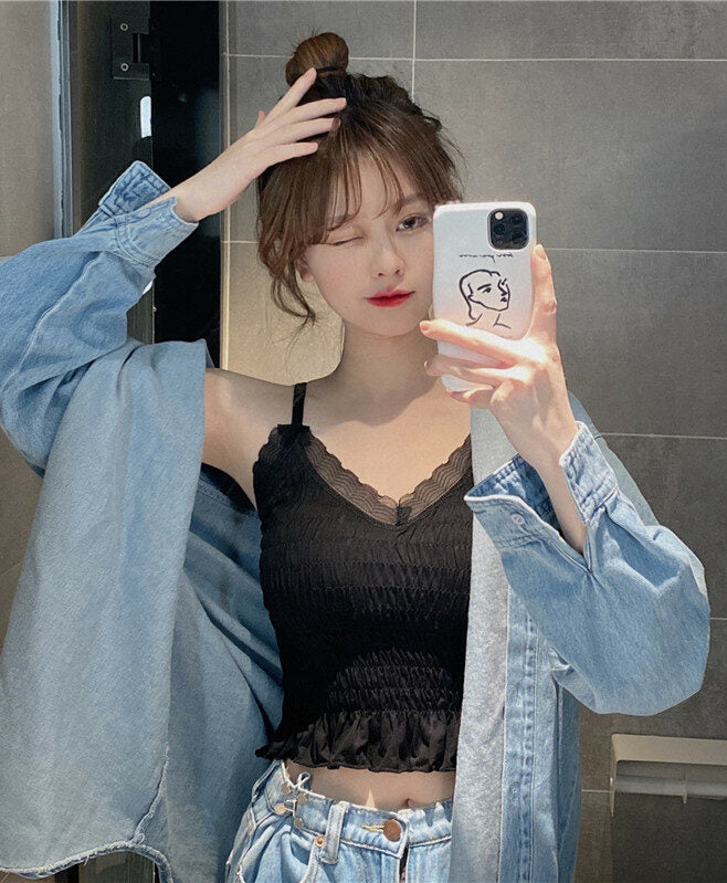 Black Sling Ruffled Crop Top
