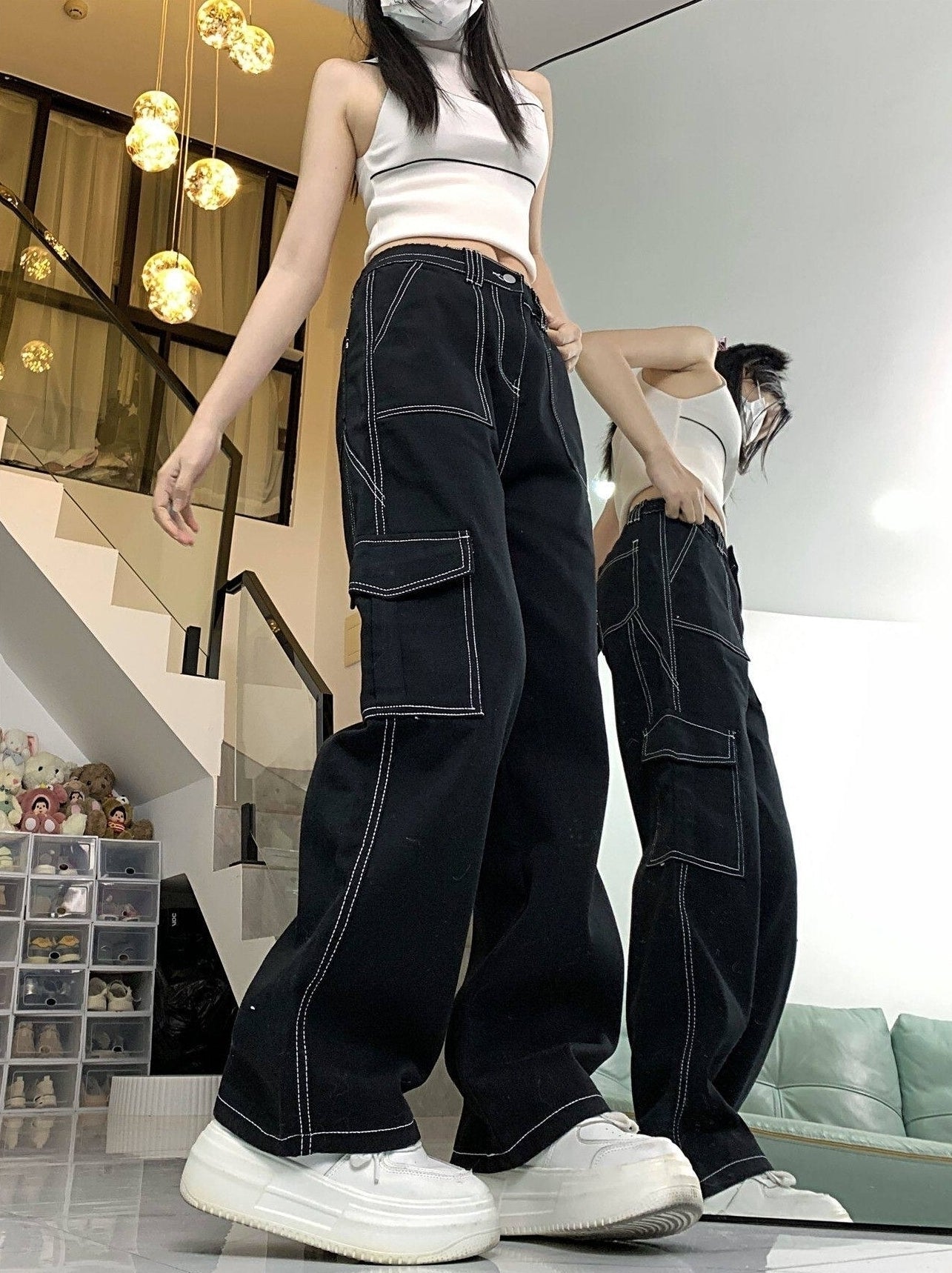 Black Square Stitch Details Pants