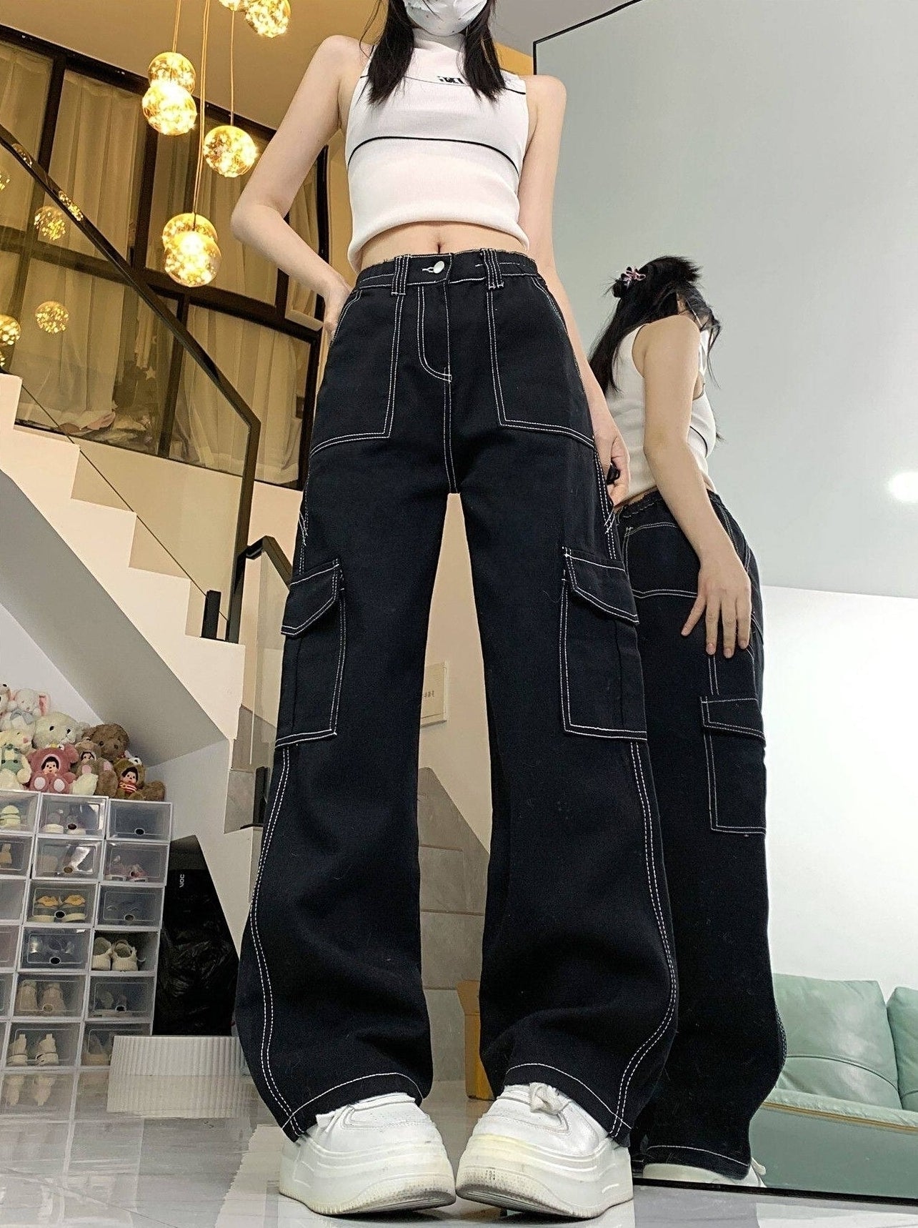Black Square Stitch Details Pants