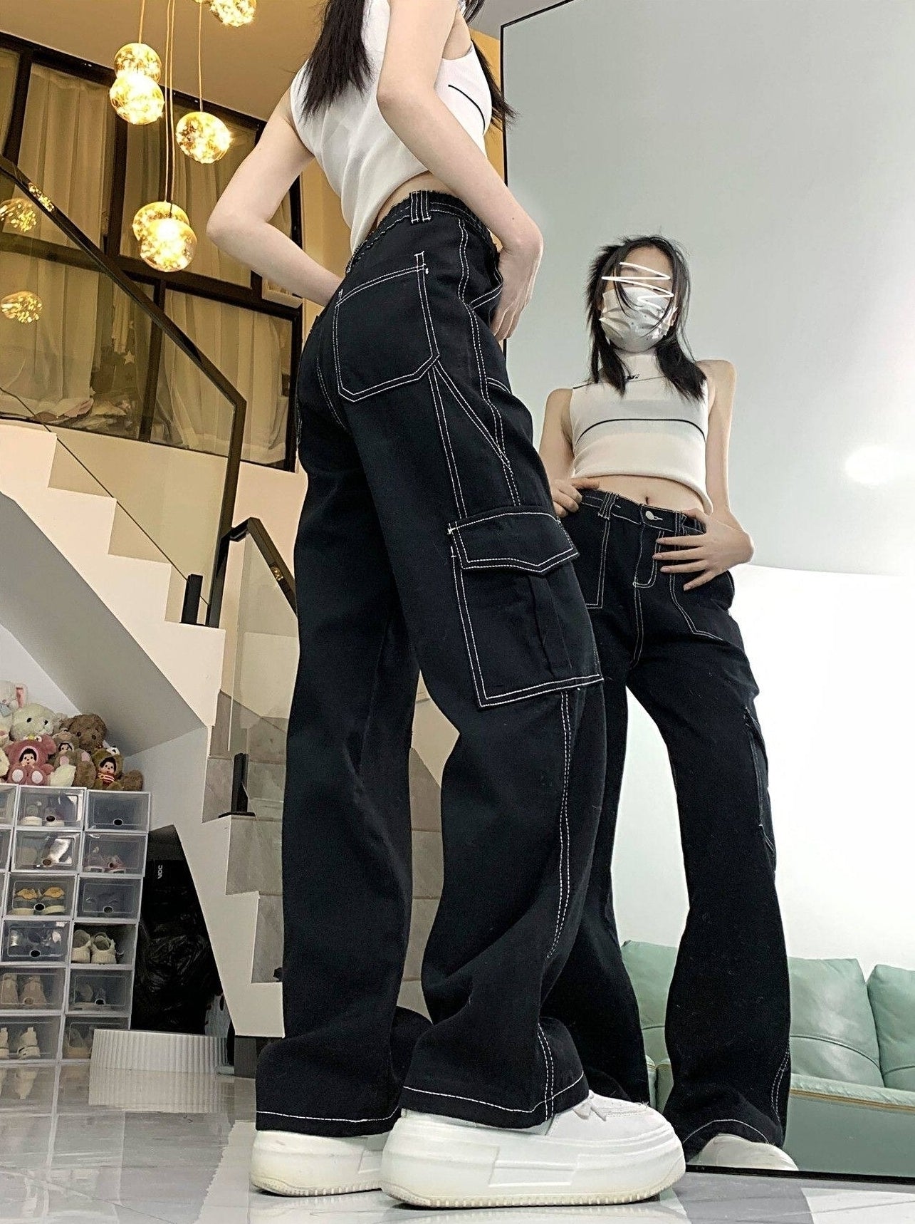 Black Square Stitch Details Pants