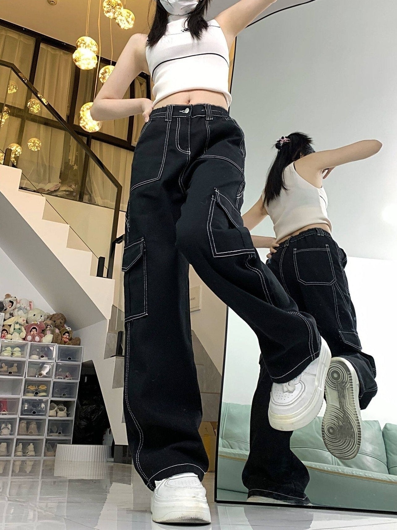 Black Square Stitch Details Pants