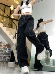 Black Square Stitch Details Pants