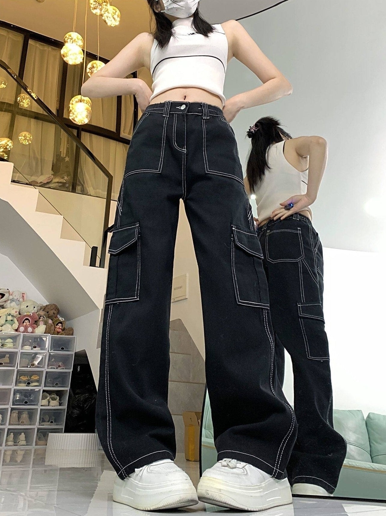 Black Square Stitch Details Pants