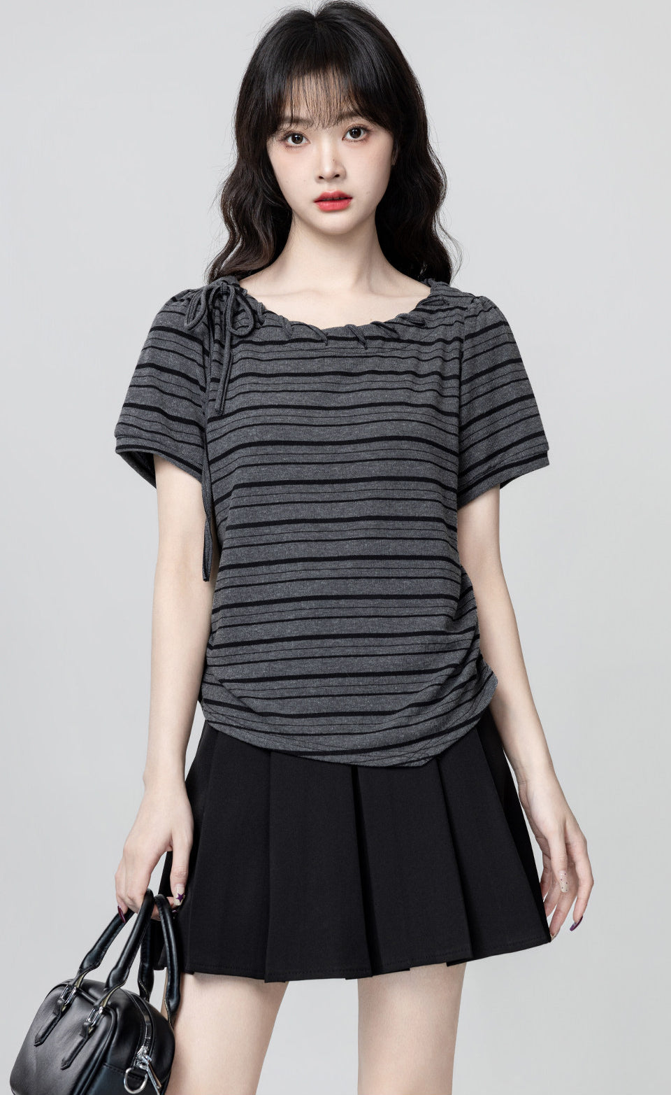 Black Striped Bow Tie Short Sleeve T Shirt