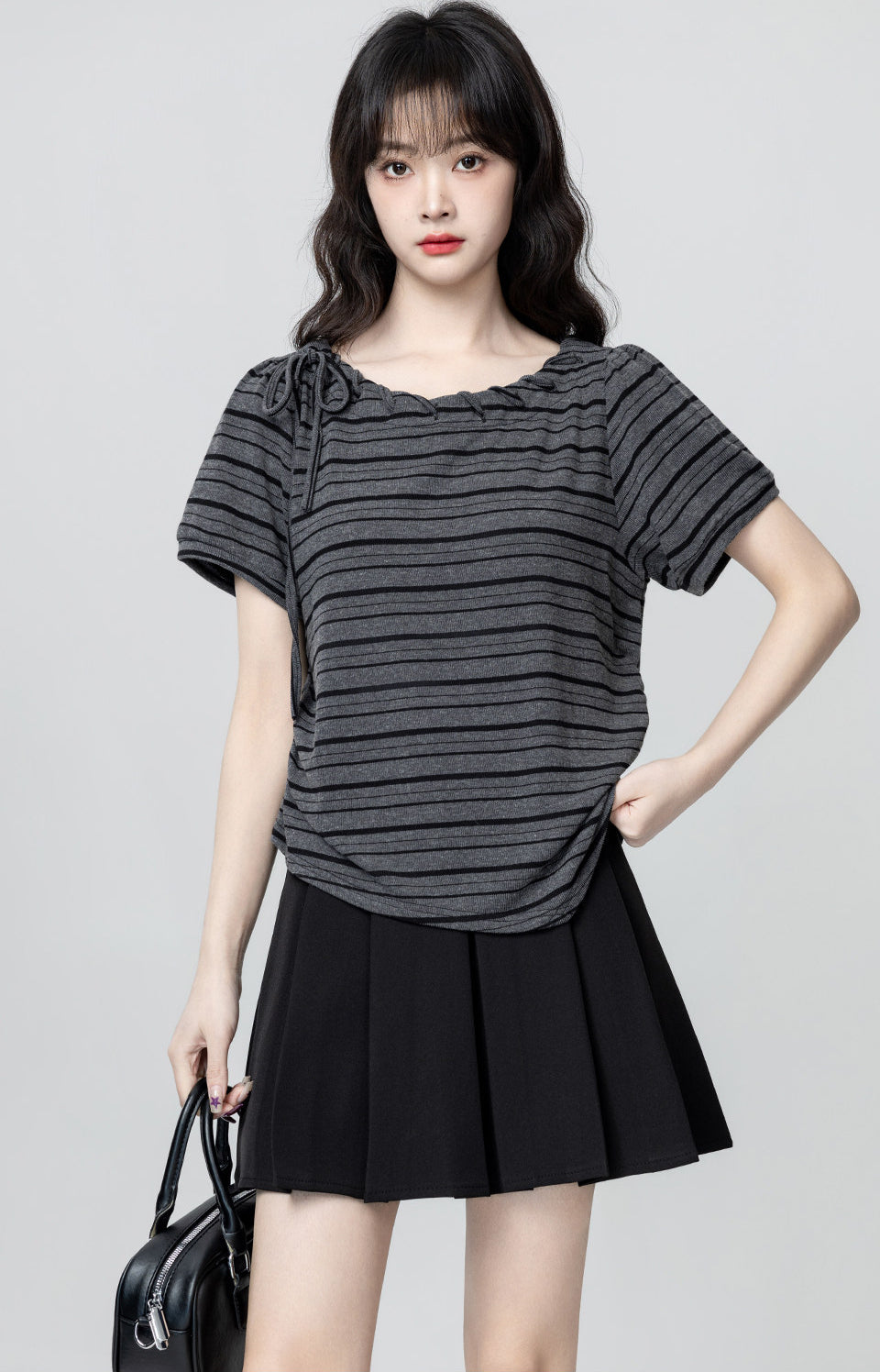 Black Striped Bow Tie Short Sleeve T Shirt
