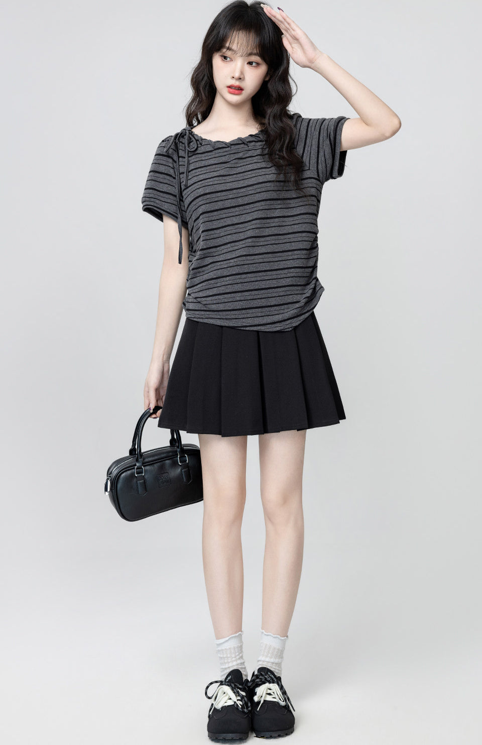 Black Striped Bow Tie Short Sleeve T Shirt