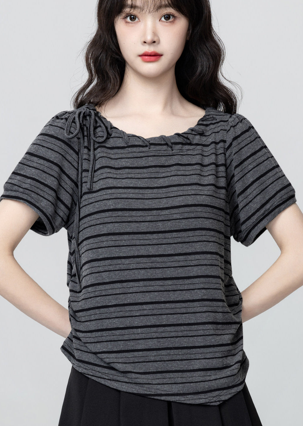 Black Striped Bow Tie Short Sleeve T Shirt