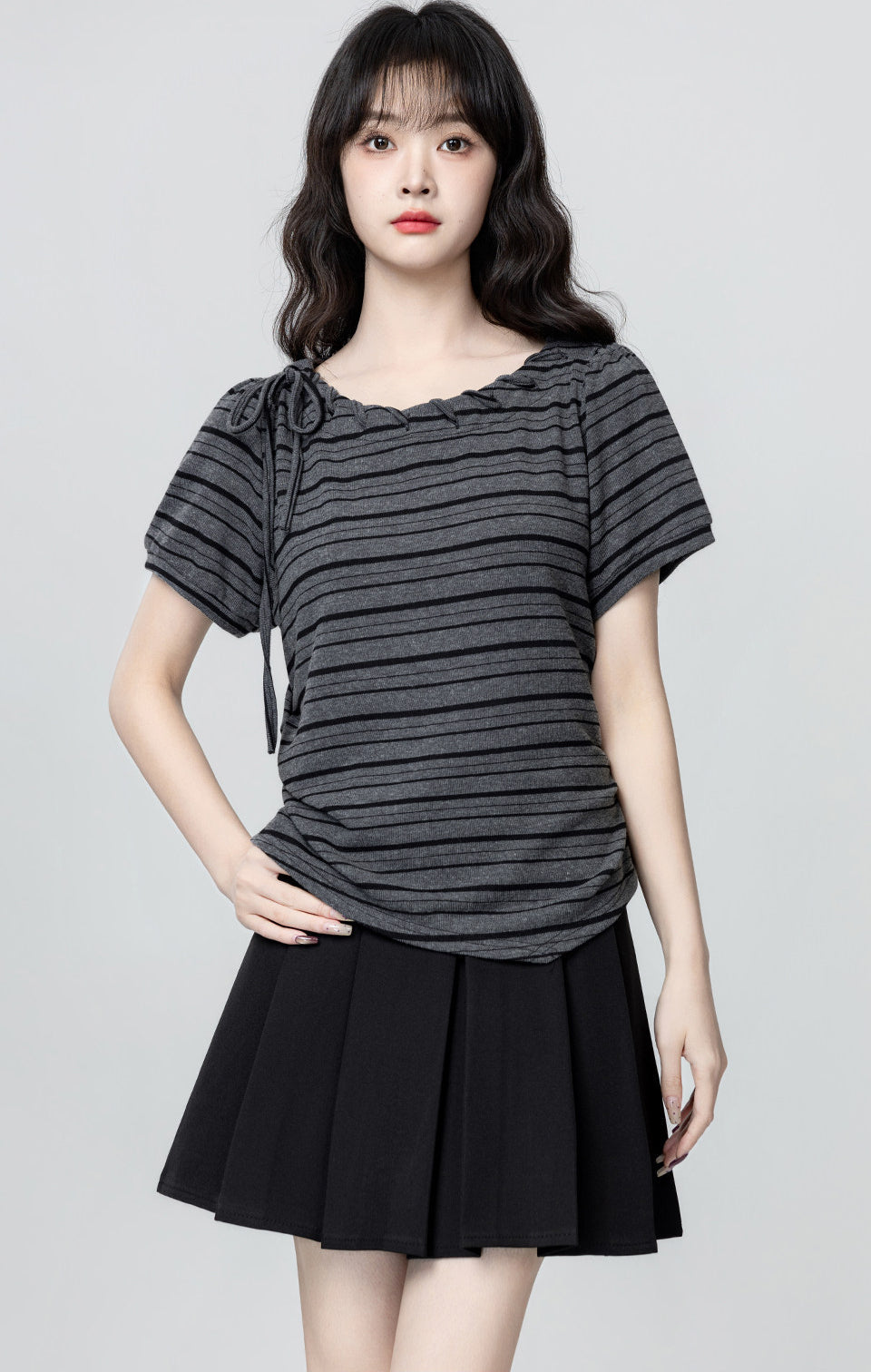 Black Striped Bow Tie Short Sleeve T Shirt