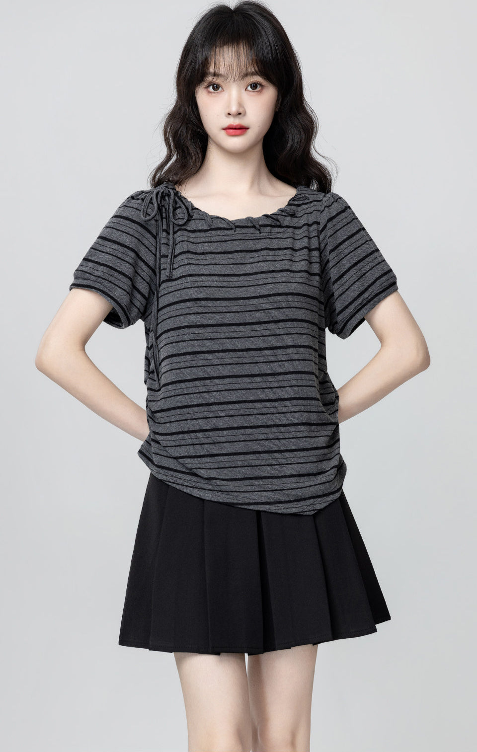 Black Striped Bow Tie Short Sleeve T Shirt