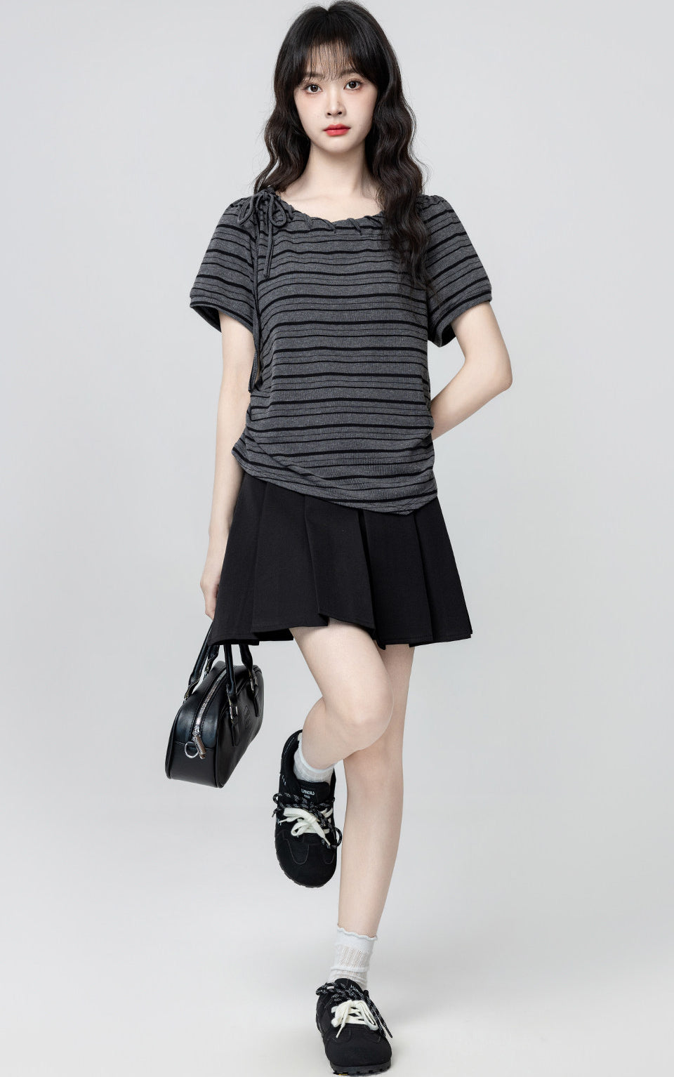 Black Striped Bow Tie Short Sleeve T Shirt