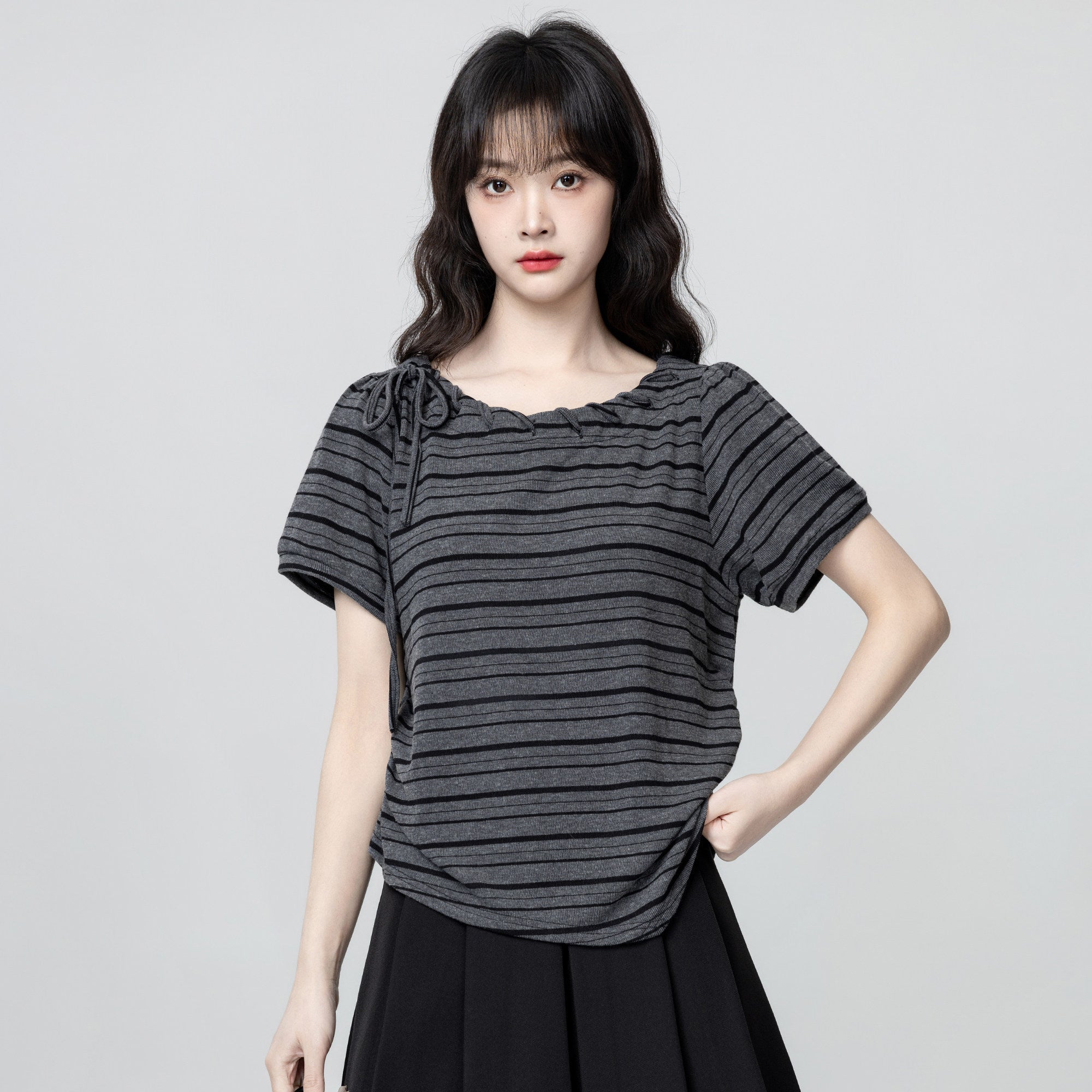 Black Striped Bow Tie Short Sleeve T Shirt
