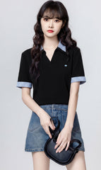 Black Striped Contrast Collar Casual T Shirt