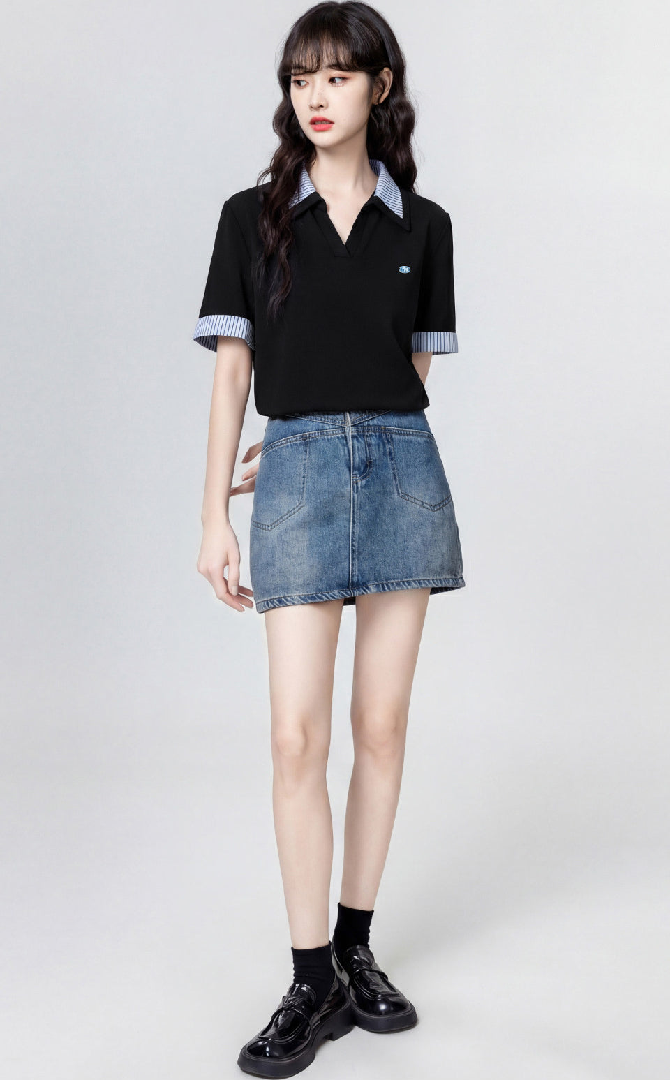 Black Striped Contrast Collar Casual T Shirt