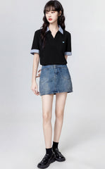 Black Striped Contrast Collar Casual T Shirt