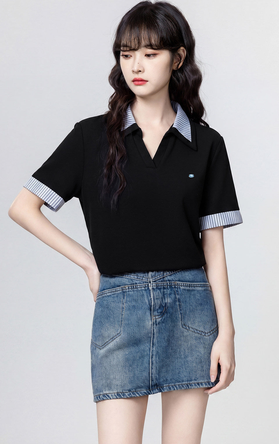 Black Striped Contrast Collar Casual T Shirt