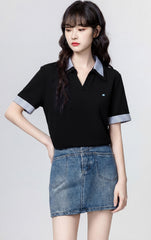 Black Striped Contrast Collar Casual T Shirt