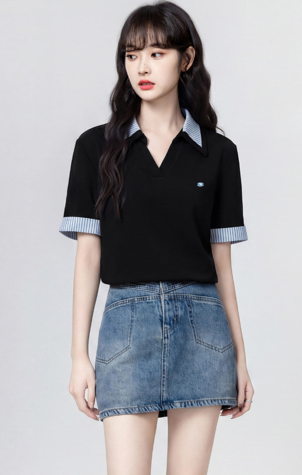 Black Striped Contrast Collar Casual T Shirt