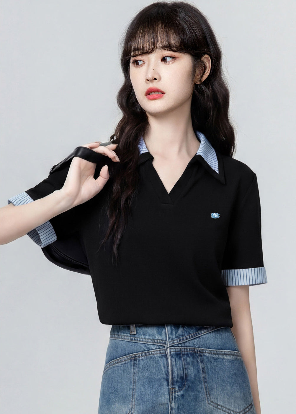 Black Striped Contrast Collar Casual T Shirt