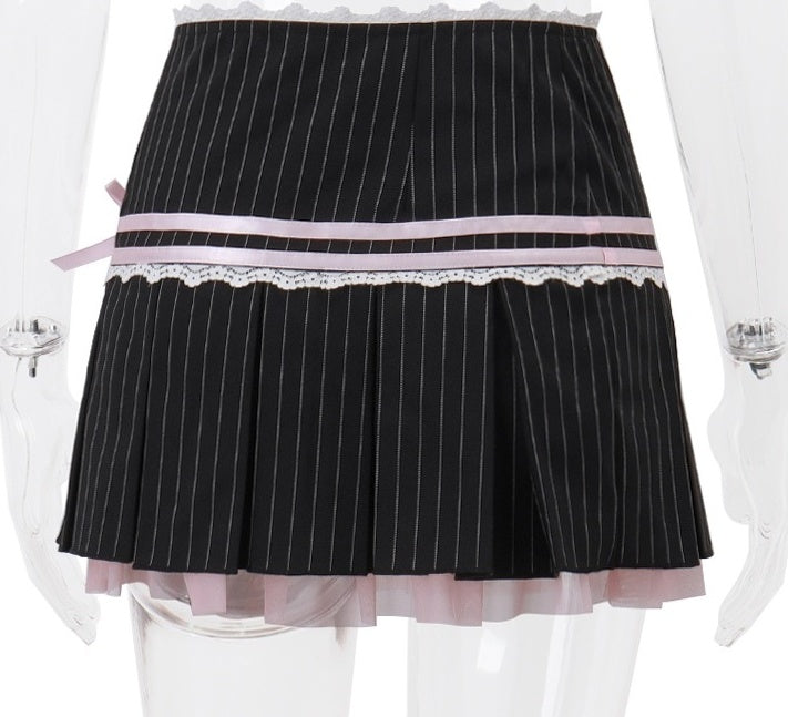 Black Striped Lace Accent Pleated Skirt