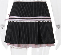 Black Striped Lace Accent Pleated Skirt