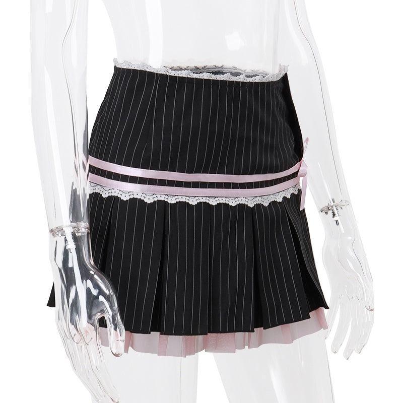 Black Striped Lace Accent Pleated Skirt