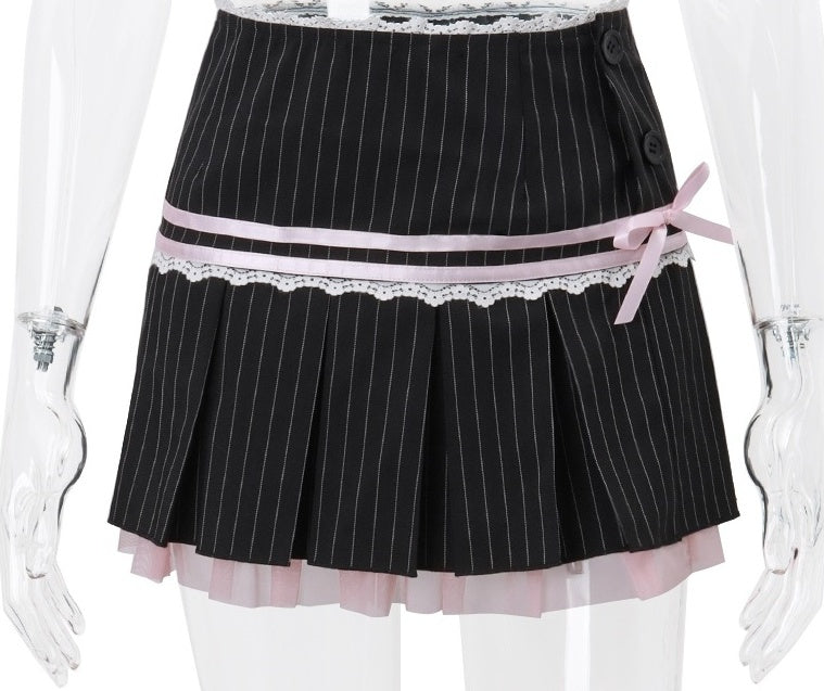 Black Striped Lace Accent Pleated Skirt