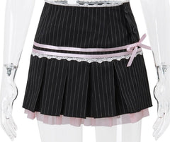 Black Striped Lace Accent Pleated Skirt