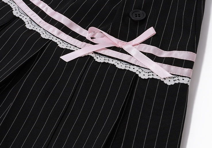 Black Striped Lace Accent Pleated Skirt