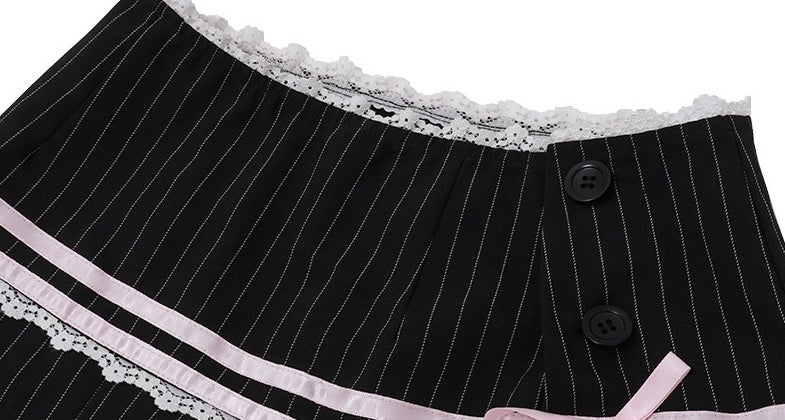 Black Striped Lace Accent Pleated Skirt