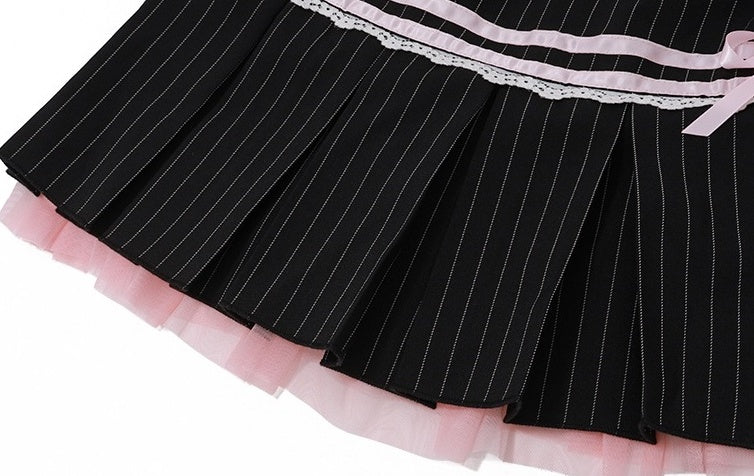 Black Striped Lace Accent Pleated Skirt